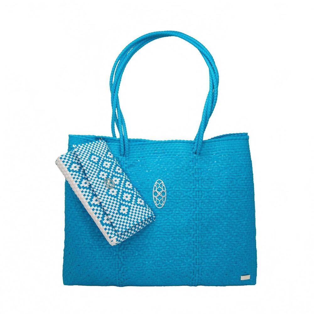 NEW LOLA'S BAG women's travel woven tote bag with clutch in sea blue